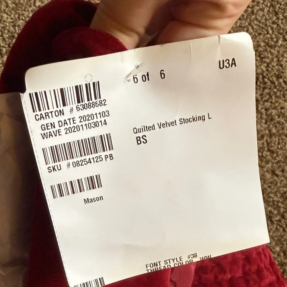 Pottery Barn Quilted Velvet Stocking in Deep Red